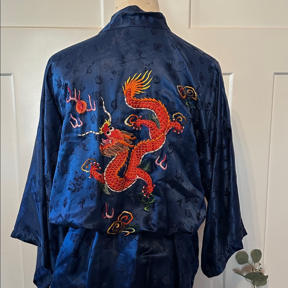 Vintage Esme Women's embroidered dragon embossed Chinese blue L pure silk robe - Picture 10 of 14